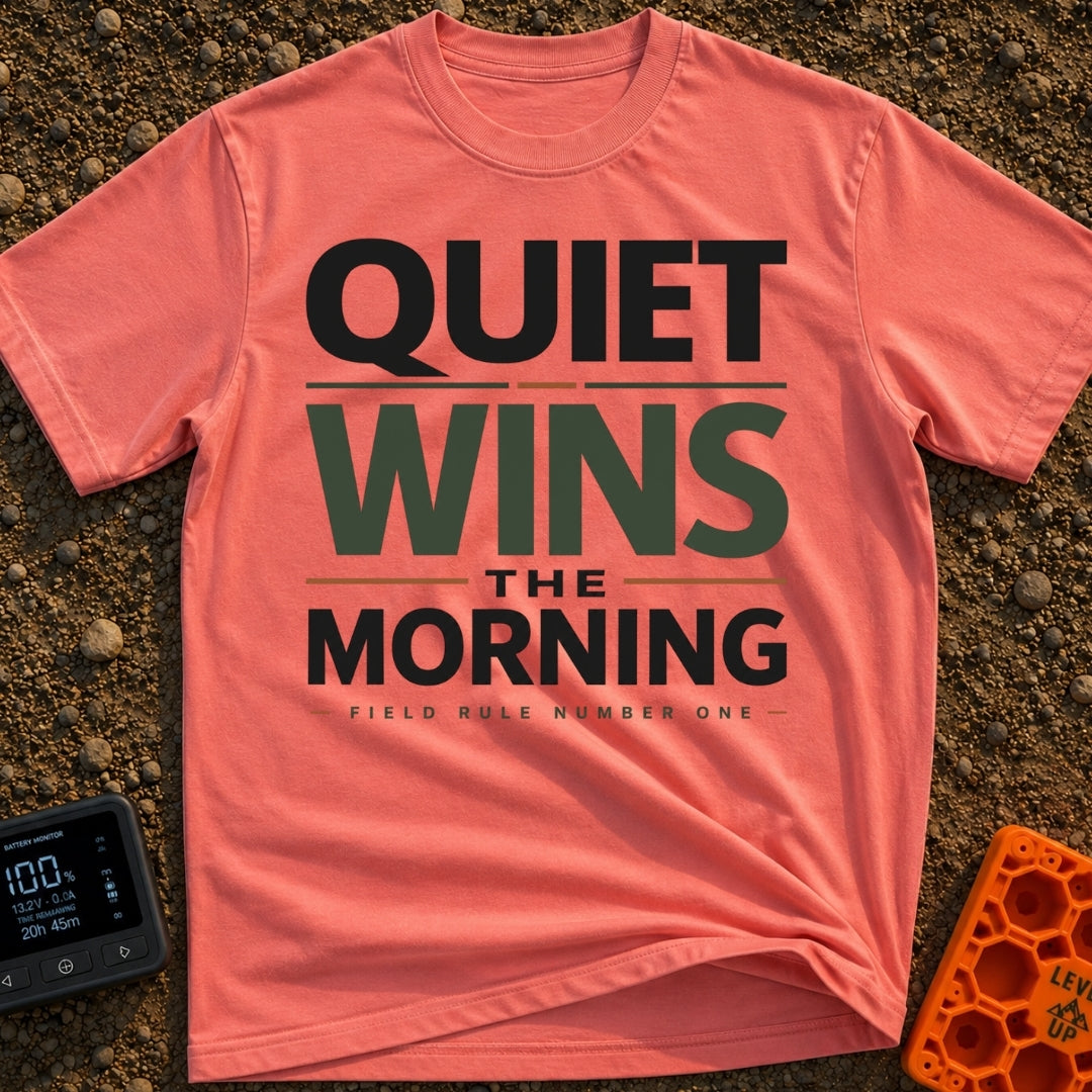 Quiet Wins Mornings - T-Shirt in Watermelon - A typographic design featuring the stacked phrase "QUIET WINS THE MORNING"...