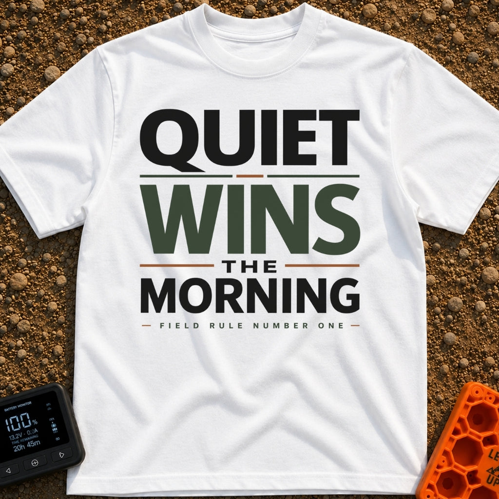 Quiet Wins Mornings - T-Shirt in White - A typographic design featuring the stacked phrase "QUIET WINS THE MORNING" in...
