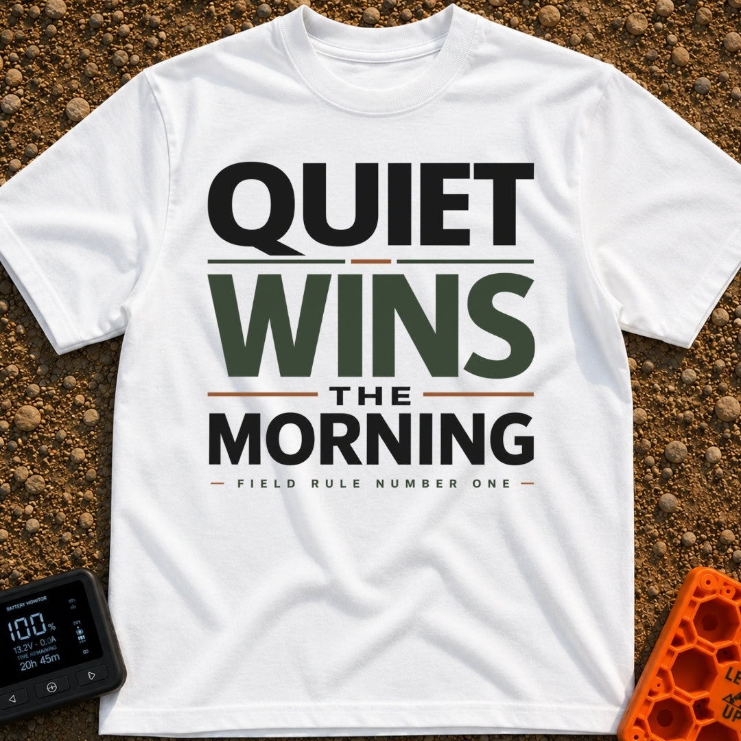 Quiet Wins Mornings - T-Shirt in White - A typographic design featuring the stacked phrase "QUIET WINS THE MORNING" in...