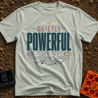 Silent Power Trip - T-Shirt in Bay - A typography-based design featuring the text "QUIETLY POWERFUL" and "CHARGED,...