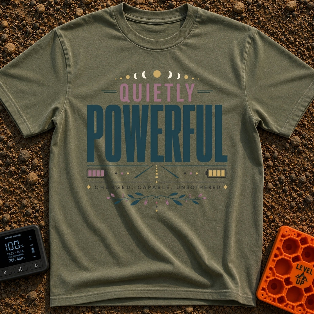 Silent Power Trip - T-Shirt in Moss - A typography-based design featuring the text "QUIETLY POWERFUL" and "CHARGED,...