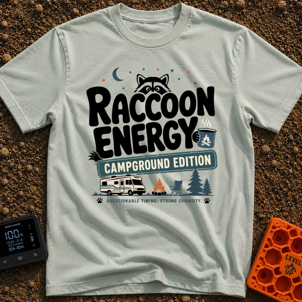 Peak Raccoon Energy - T-Shirt in Bay - A graphic illustration featuring the text 'Raccoon Energy Campground Edition' with...