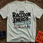 Peak Raccoon Energy - T-Shirt in Bay - A graphic illustration featuring the text 'Raccoon Energy Campground Edition' with...