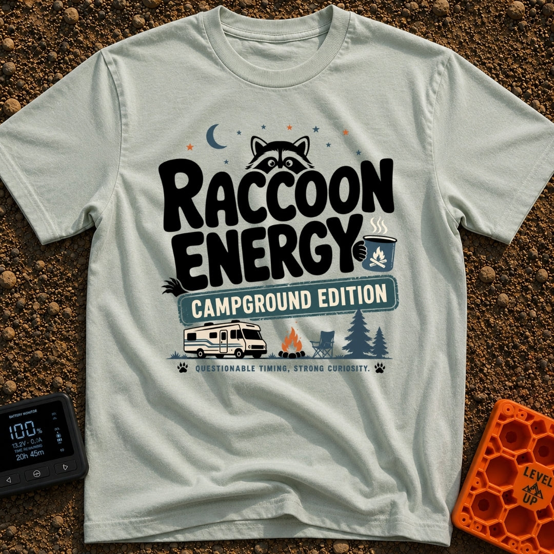 Peak Raccoon Energy - T-Shirt in Bay - A graphic illustration featuring the text 'Raccoon Energy Campground Edition' with...