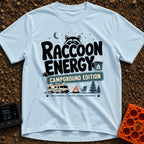 Peak Raccoon Energy - T-Shirt in Chambray - A graphic illustration featuring the text 'Raccoon Energy Campground Edition'...