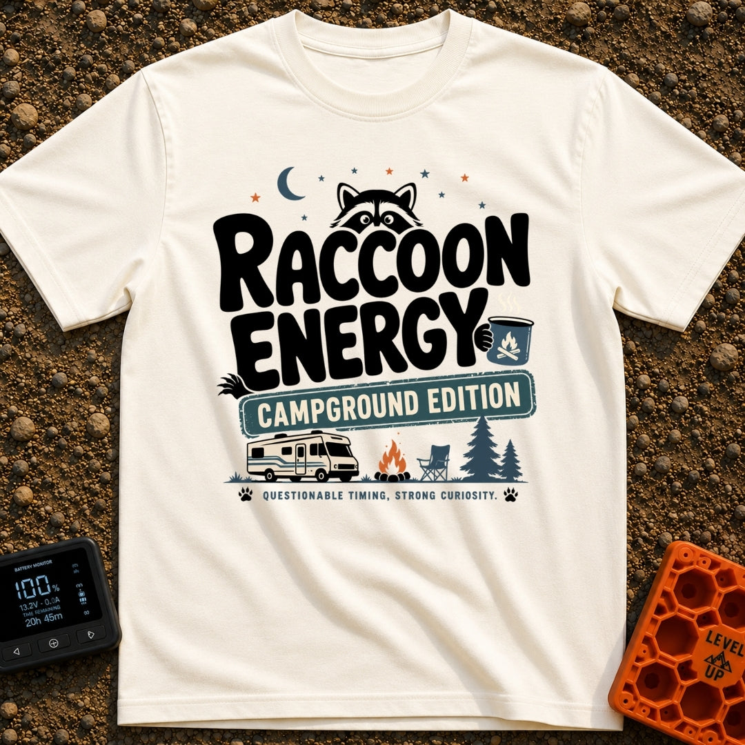 Peak Raccoon Energy - T-Shirt in Ivory - A graphic illustration featuring the text 'Raccoon Energy Campground Edition'...