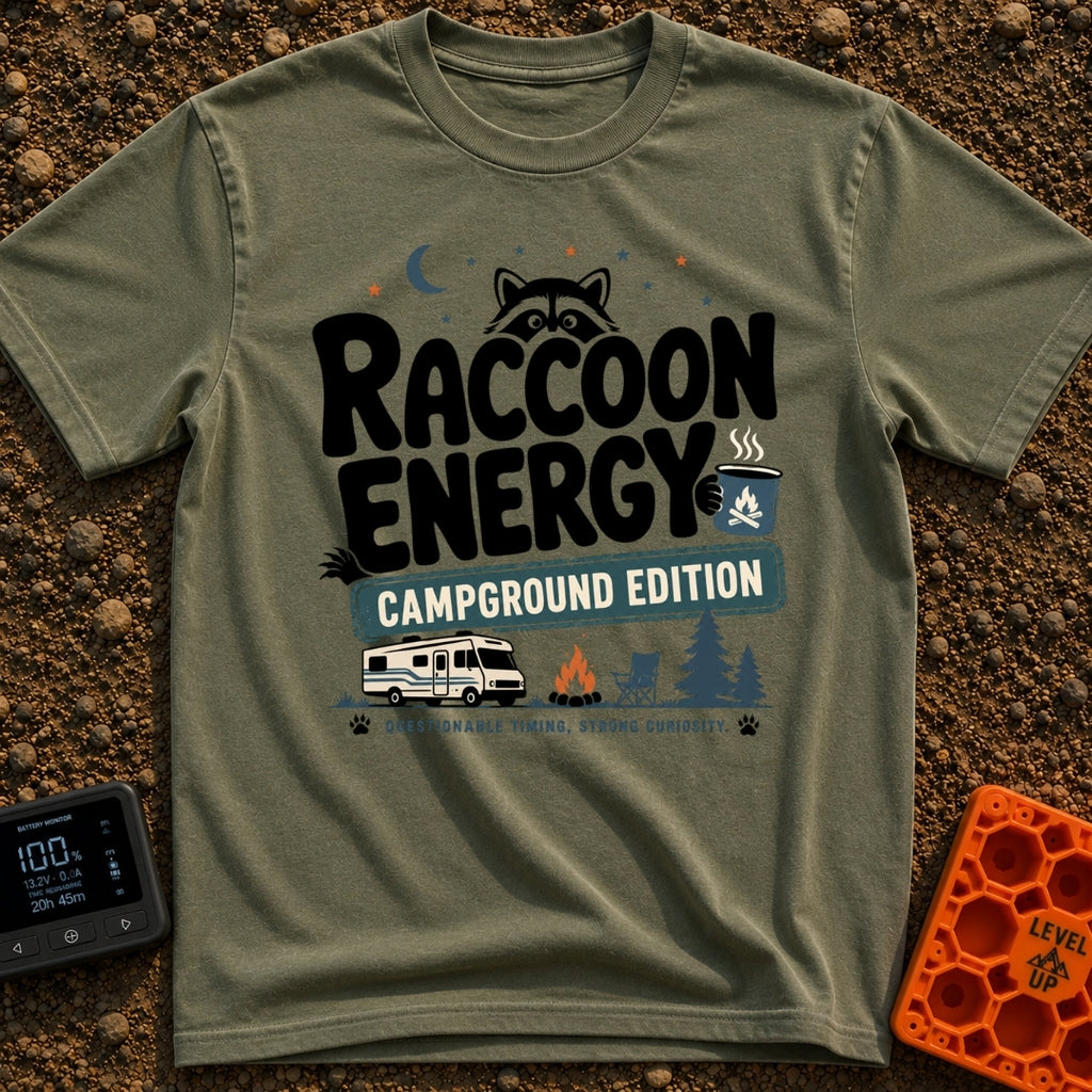 Peak Raccoon Energy - T-Shirt in Moss - A graphic illustration featuring the text 'Raccoon Energy Campground Edition'...