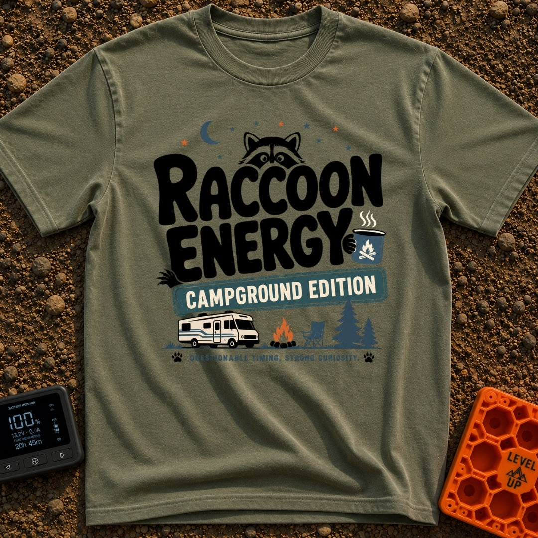 Peak Raccoon Energy - T-Shirt in Moss - A graphic illustration featuring the text 'Raccoon Energy Campground Edition'...