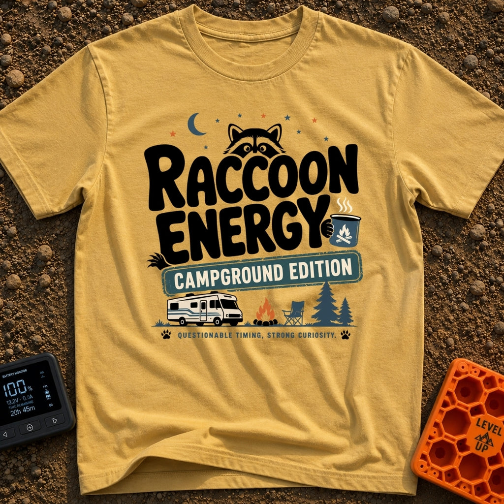 Peak Raccoon Energy - T-Shirt in Mustard - A graphic illustration featuring the text 'Raccoon Energy Campground Edition'...