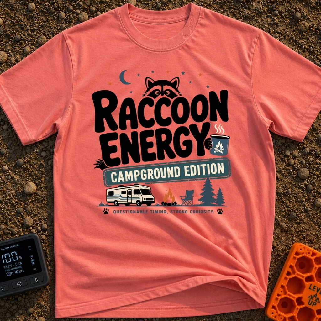 Peak Raccoon Energy - T-Shirt in Watermelon - A graphic illustration featuring the text 'Raccoon Energy Campground...