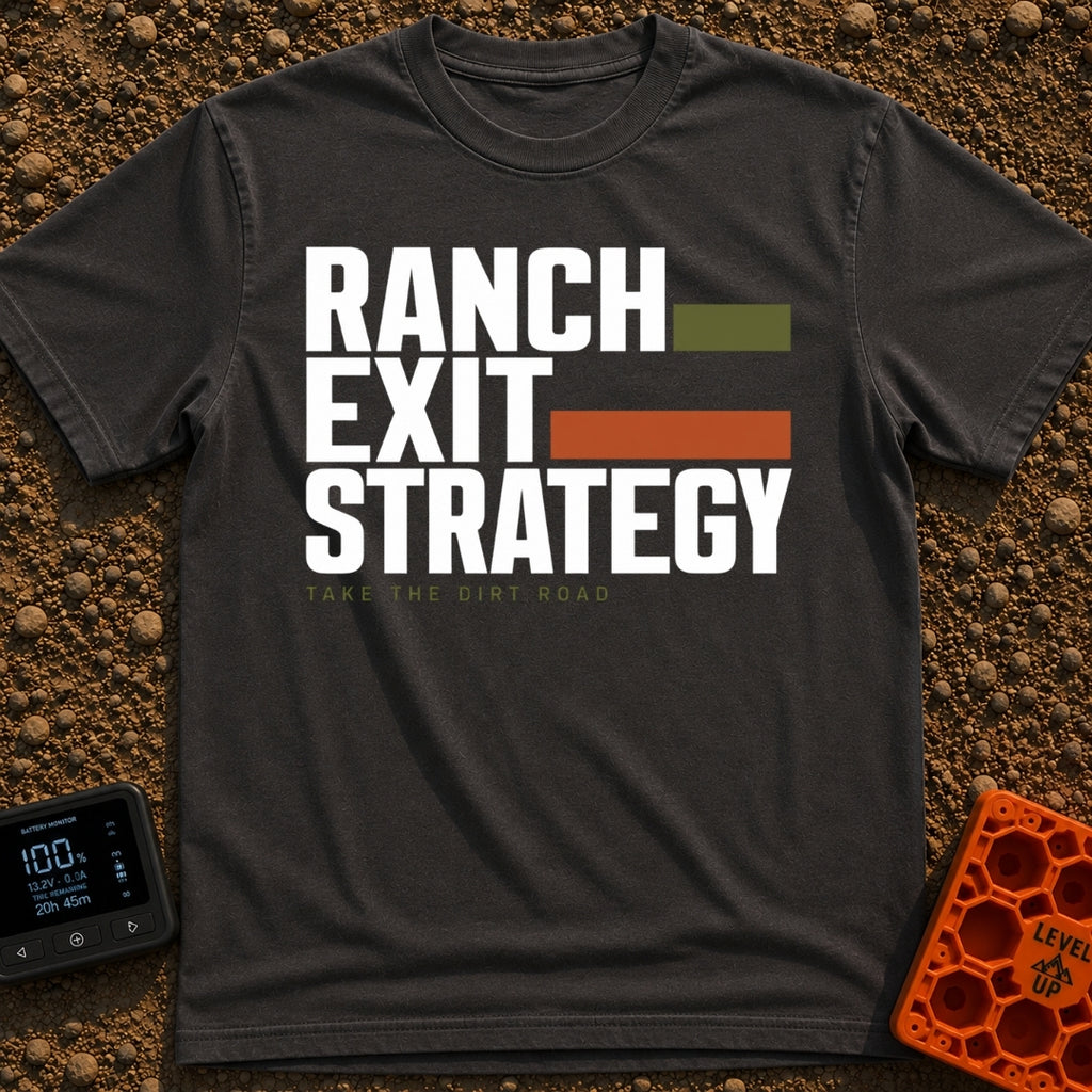 Ranch Exit Strategy - T-Shirt in Graphite - A typography-based design featuring the large, faint text "RANCH EXIT...
