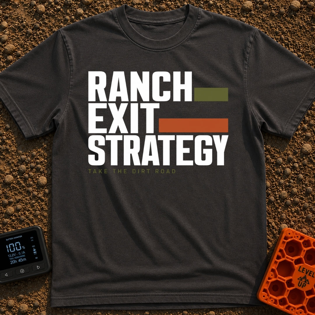 Ranch Exit Strategy - T-Shirt in Graphite - A typography-based design featuring the large, faint text "RANCH EXIT...