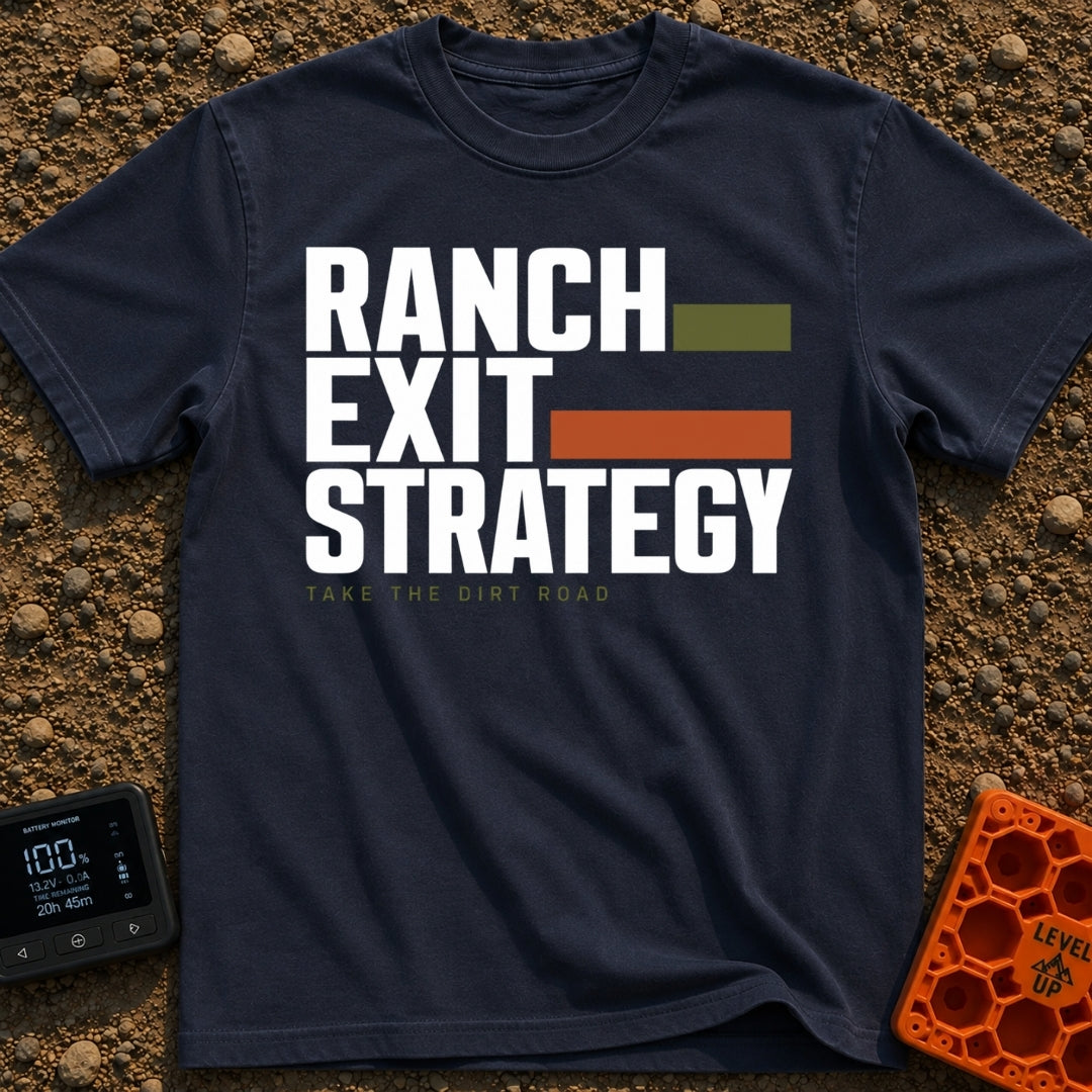 Ranch Exit Strategy - T-Shirt in Navy - A typography-based design featuring the large, faint text "RANCH EXIT STRATEGY"...