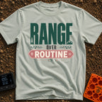 Roam Over Routine - T-Shirt in Bay - Typographic design featuring the large green word "RANGE" with a pine tree and...