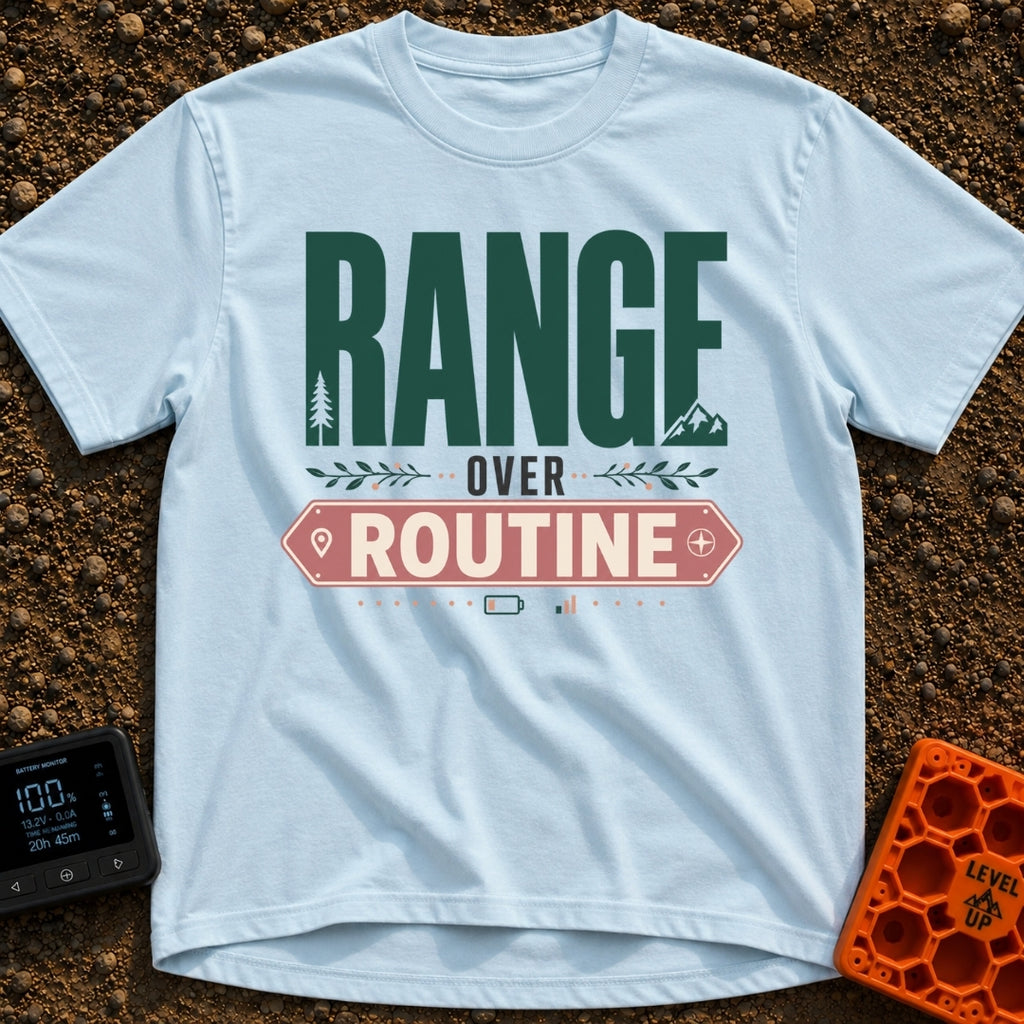 Roam Over Routine - T-Shirt in Chambray - Typographic design featuring the large green word "RANGE" with a pine tree and...
