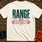 Roam Over Routine - T-Shirt in Ivory - Typographic design featuring the large green word "RANGE" with a pine tree and...