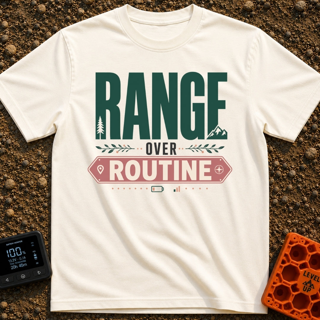 Roam Over Routine - T-Shirt in Ivory - Typographic design featuring the large green word "RANGE" with a pine tree and...