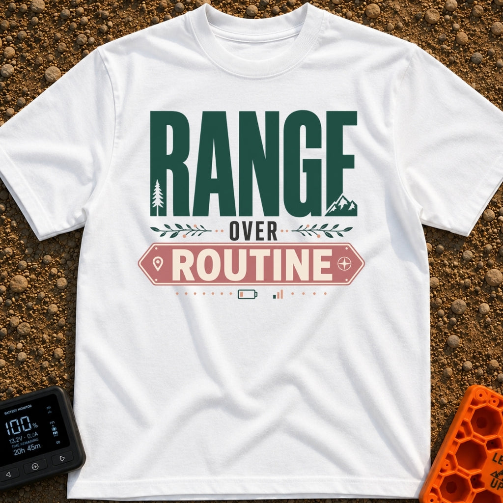 Roam Over Routine - T-Shirt in White - Typographic design featuring the large green word "RANGE" with a pine tree and...