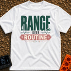 Roam Over Routine - T-Shirt in White - Typographic design featuring the large green word "RANGE" with a pine tree and...