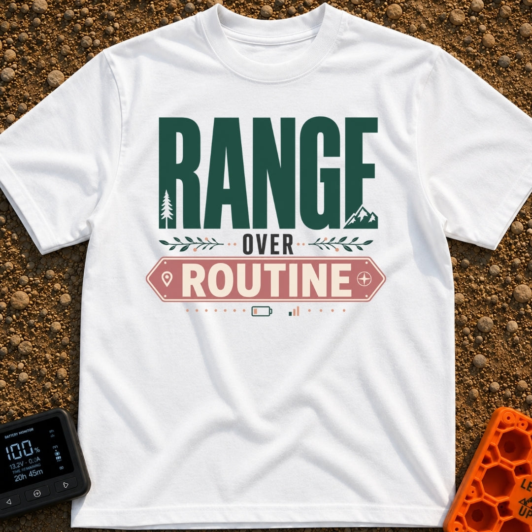 Roam Over Routine - T-Shirt in White - Typographic design featuring the large green word "RANGE" with a pine tree and...