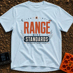 Range With Standards - T-Shirt in Chambray - A typographic design reading "RANGE WITH STANDARDS" and "FAR ENOUGH, SMART...