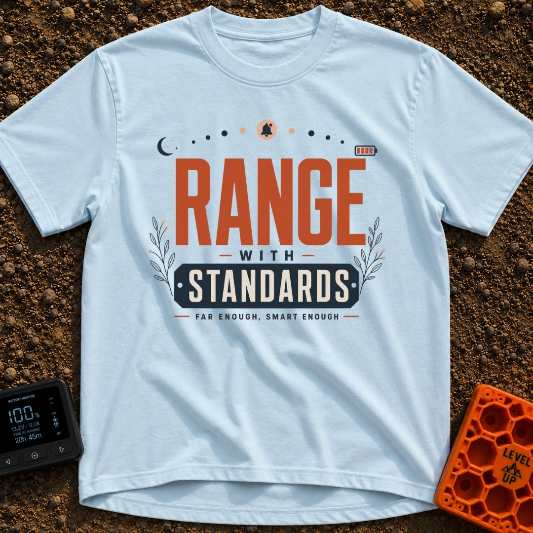 Range With Standards - T-Shirt in Chambray - A typographic design reading "RANGE WITH STANDARDS" and "FAR ENOUGH, SMART...