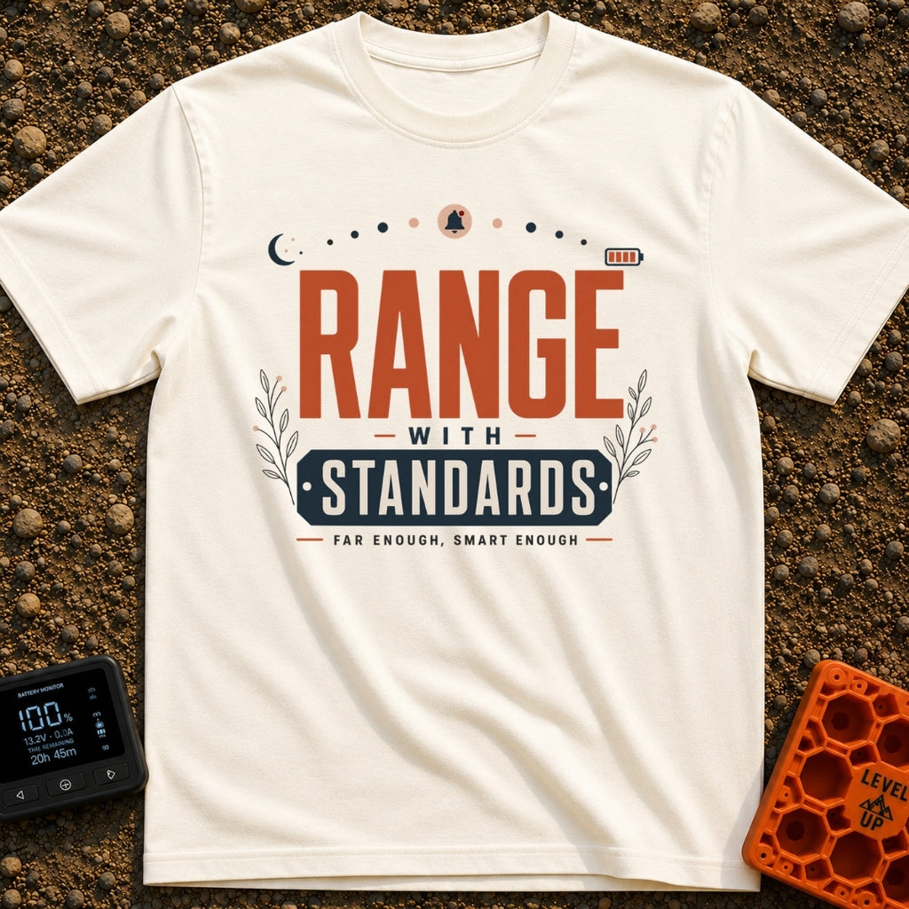 Range With Standards - T-Shirt in Ivory - A typographic design reading "RANGE WITH STANDARDS" and "FAR ENOUGH, SMART...