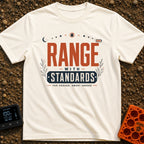 Range With Standards - T-Shirt in Ivory - A typographic design reading "RANGE WITH STANDARDS" and "FAR ENOUGH, SMART...