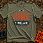 Range With Standards - T-Shirt in Moss - A typographic design reading "RANGE WITH STANDARDS" and "FAR ENOUGH, SMART...