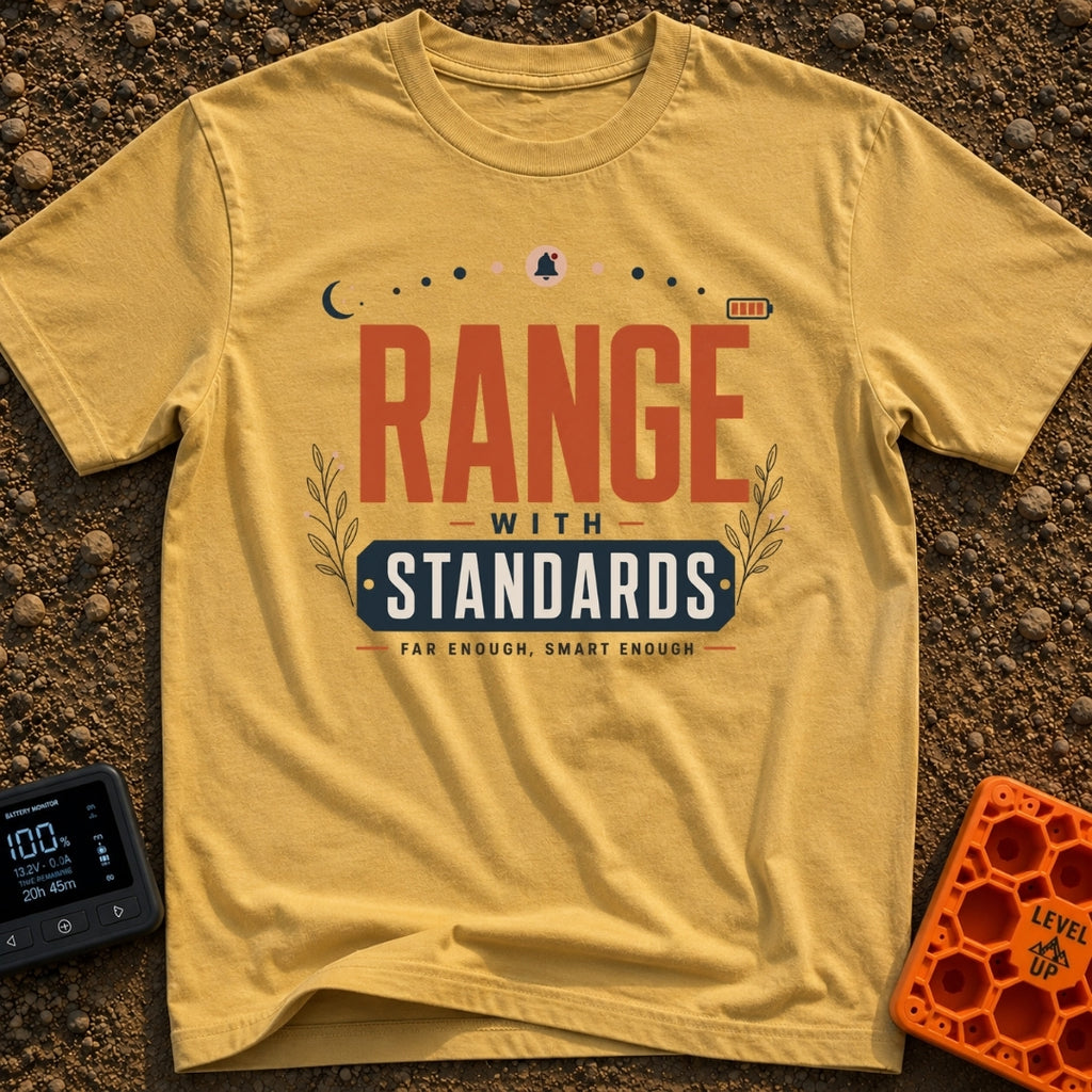 Range With Standards - T-Shirt in Mustard - A typographic design reading "RANGE WITH STANDARDS" and "FAR ENOUGH, SMART...
