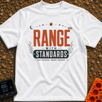 Range With Standards - T-Shirt in White - A typographic design reading "RANGE WITH STANDARDS" and "FAR ENOUGH, SMART...
