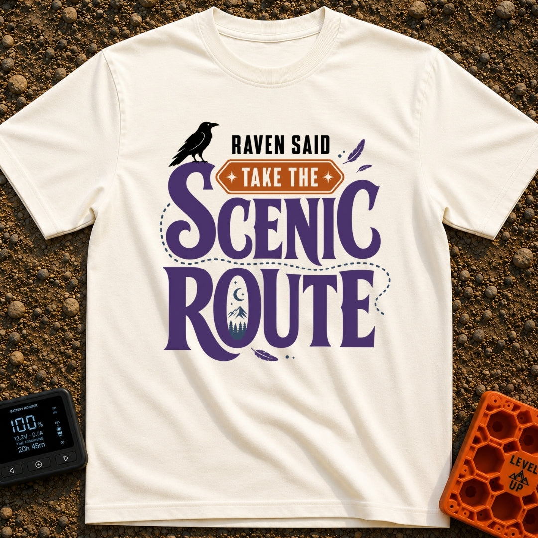 Quoth The Raven Detour - T-Shirt in Ivory - A typographic design reading "RAVEN SAID TAKE THE SCENIC ROUTE" featuring a...
