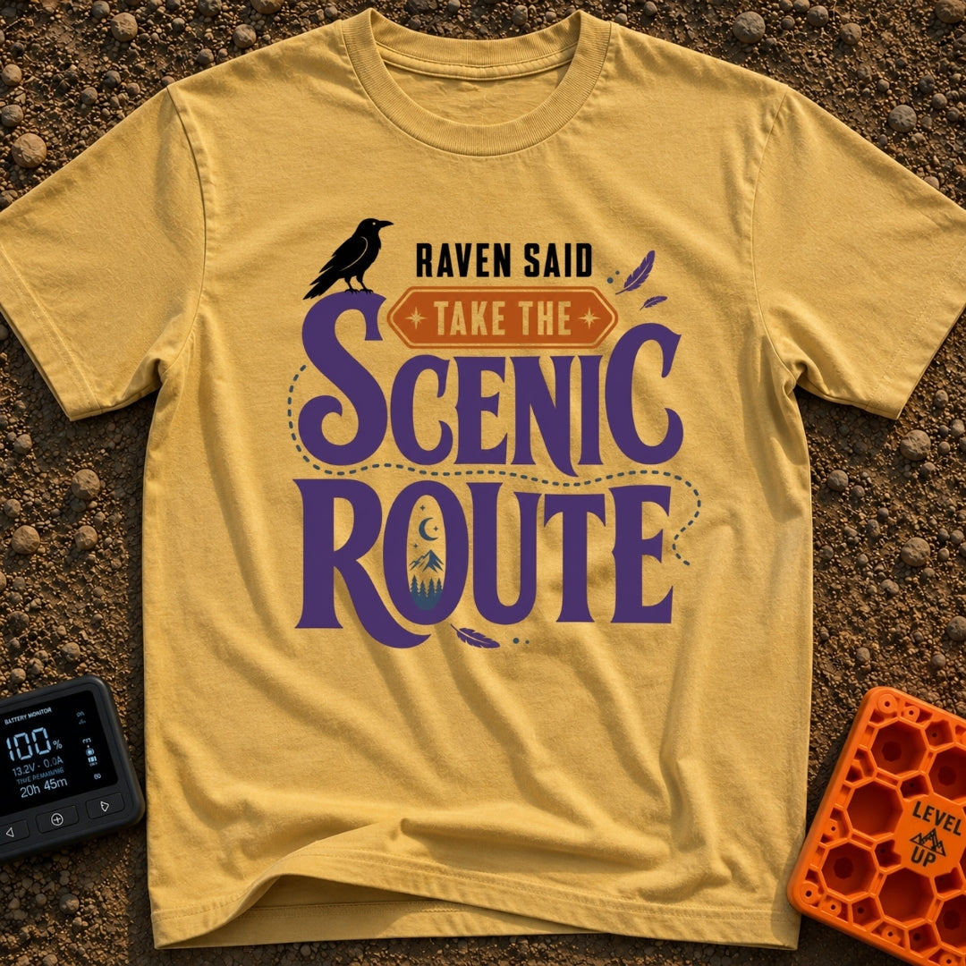 Quoth The Raven Detour - T-Shirt in Mustard - A typographic design reading "RAVEN SAID TAKE THE SCENIC ROUTE" featuring a...