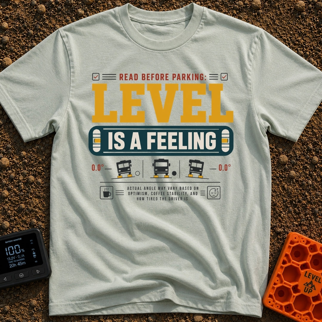 Level Is A Feeling - T-Shirt in Bay - A graphic design featuring the text "READ BEFORE PARKING: LEVEL IS A FEELING"...