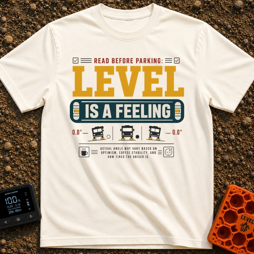 Level Is A Feeling - T-Shirt in Ivory - A graphic design featuring the text "READ BEFORE PARKING: LEVEL IS A FEELING"...
