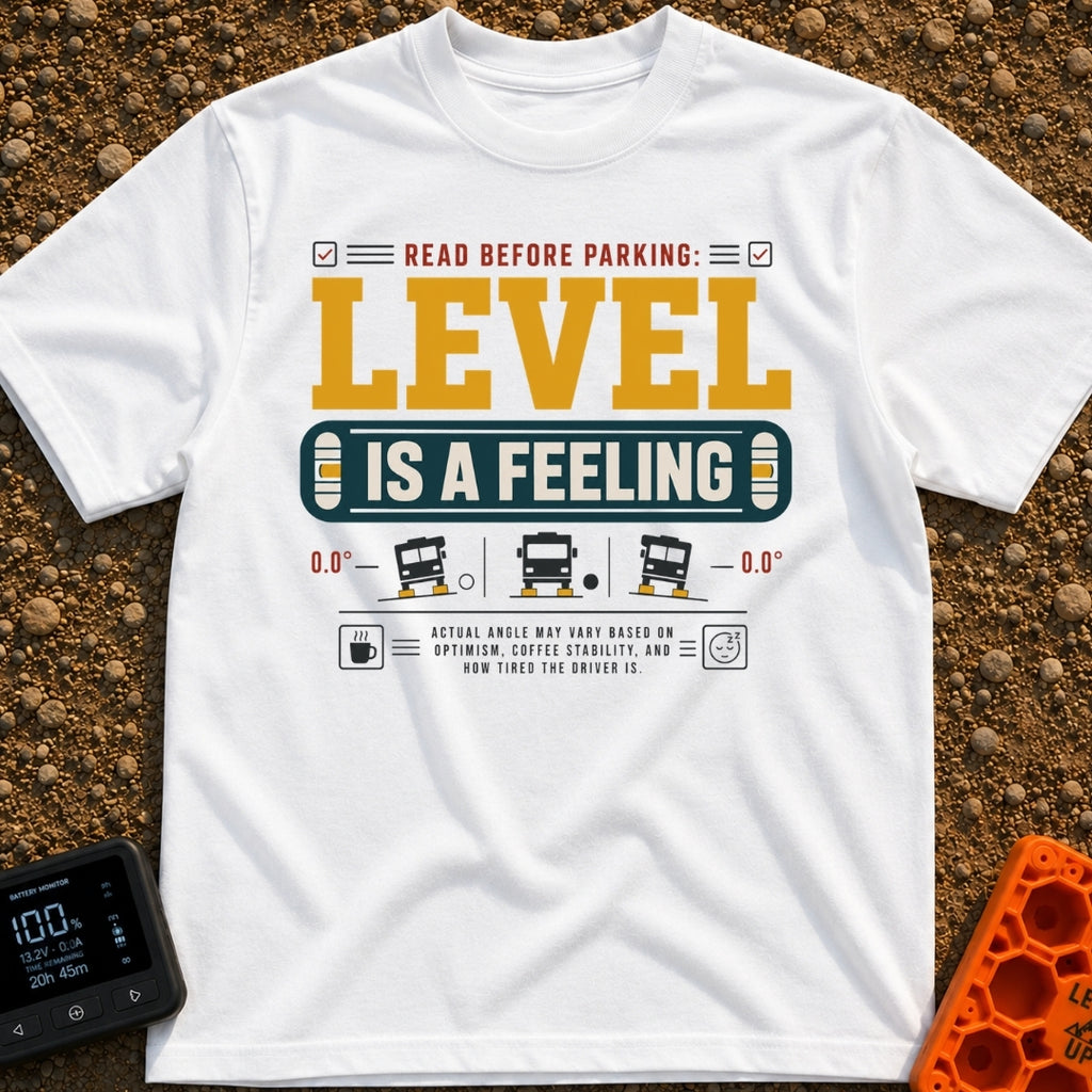 Level Is A Feeling - T-Shirt in White - A graphic design featuring the text "READ BEFORE PARKING: LEVEL IS A FEELING"...