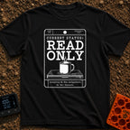 Read Only Mode - T-Shirt in Black - A white line-art graphic formatted like a vintage library card with the bold text...