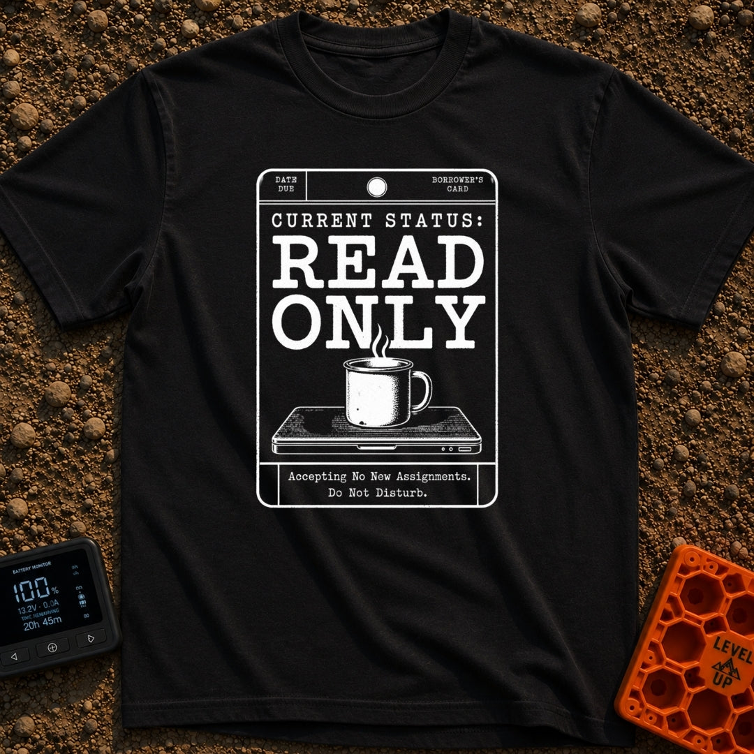 Read Only Mode - T-Shirt in Black - A white line-art graphic formatted like a vintage library card with the bold text...