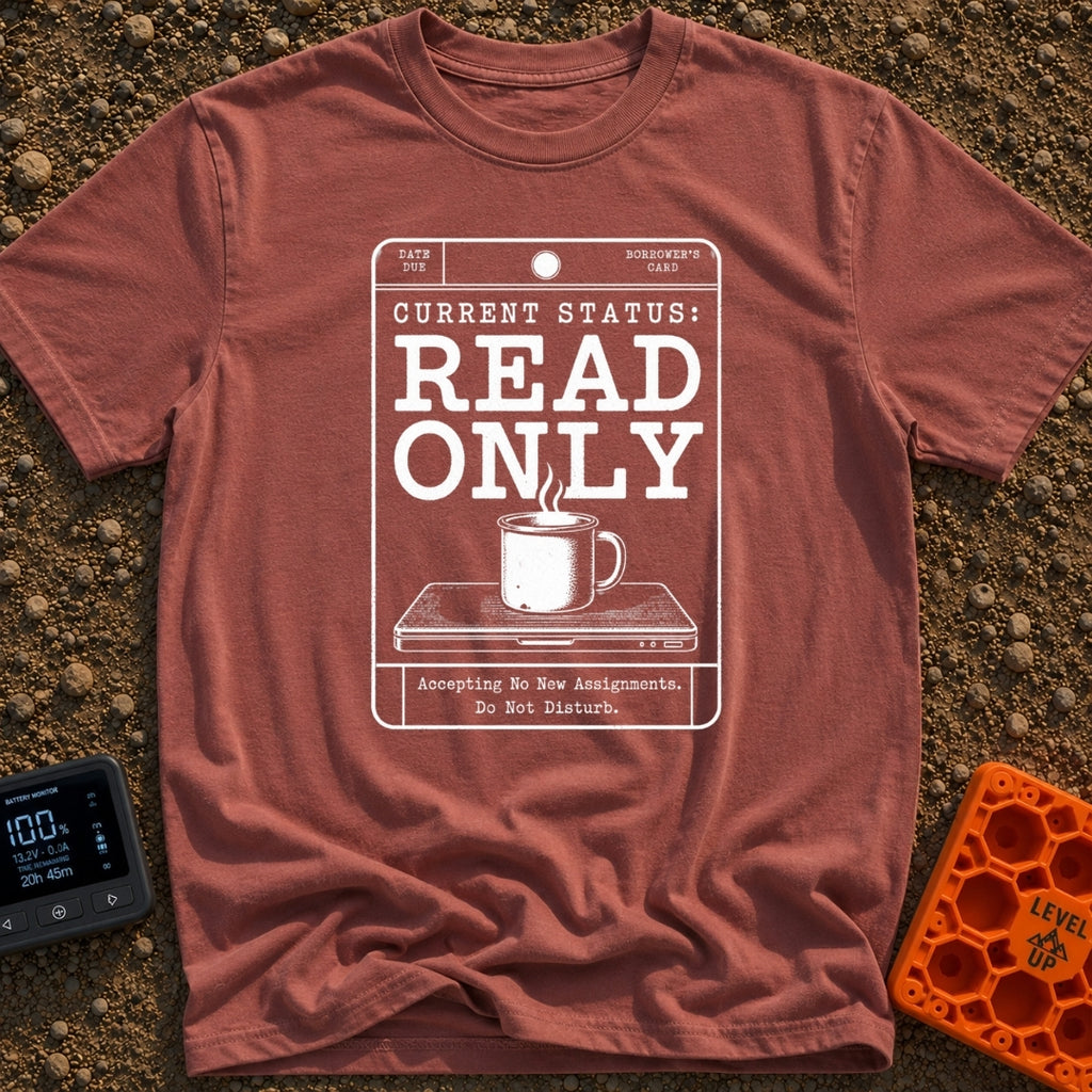 Read Only Mode - T-Shirt in Brick - A white line-art graphic formatted like a vintage library card with the bold text...