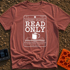 Read Only Mode - T-Shirt in Brick - A white line-art graphic formatted like a vintage library card with the bold text...