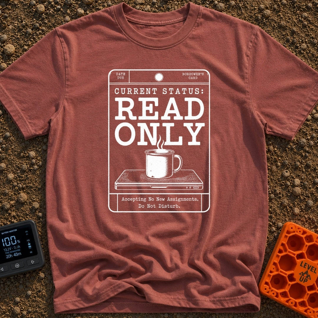 Read Only Mode - T-Shirt in Brick - A white line-art graphic formatted like a vintage library card with the bold text...