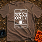 Read Only Mode - T-Shirt in Espresso - A white line-art graphic formatted like a vintage library card with the bold text...