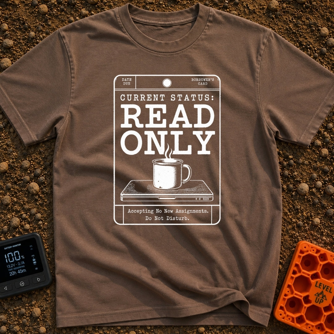 Read Only Mode - T-Shirt in Espresso - A white line-art graphic formatted like a vintage library card with the bold text...