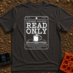 Read Only Mode - T-Shirt in Graphite - A white line-art graphic formatted like a vintage library card with the bold text...