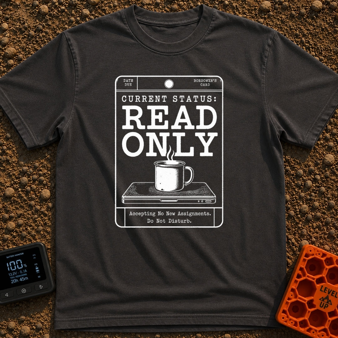 Read Only Mode - T-Shirt in Graphite - A white line-art graphic formatted like a vintage library card with the bold text...