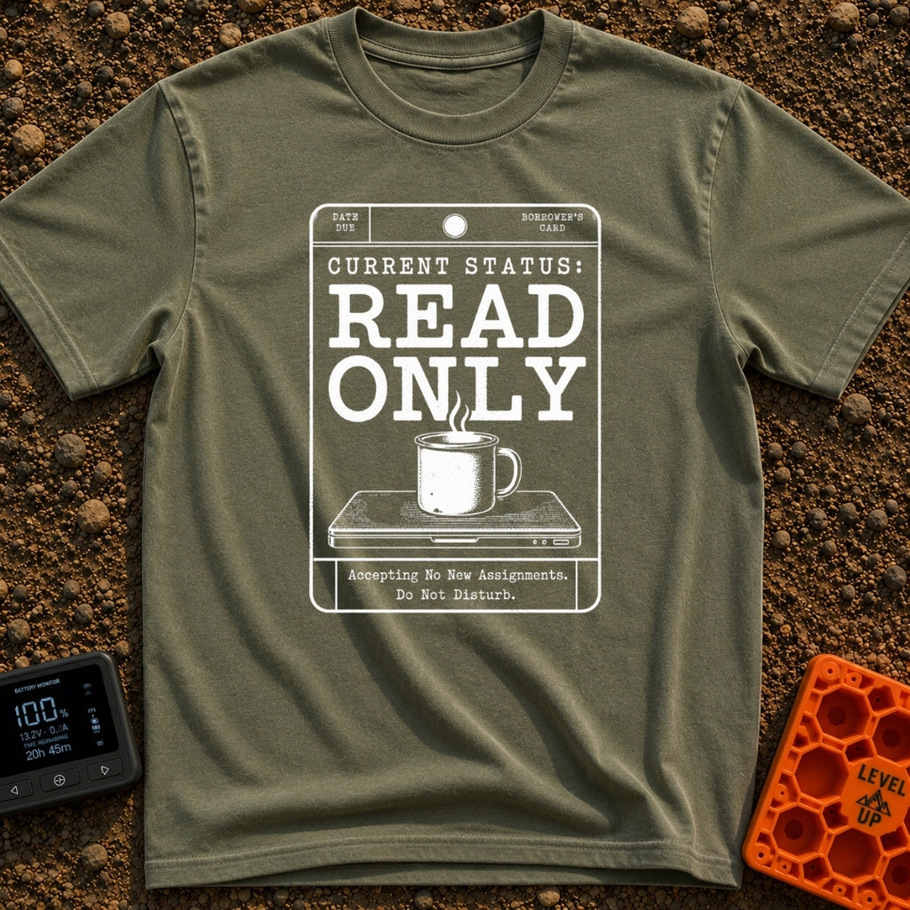 Read Only Mode - T-Shirt in Moss - A white line-art graphic formatted like a vintage library card with the bold text...