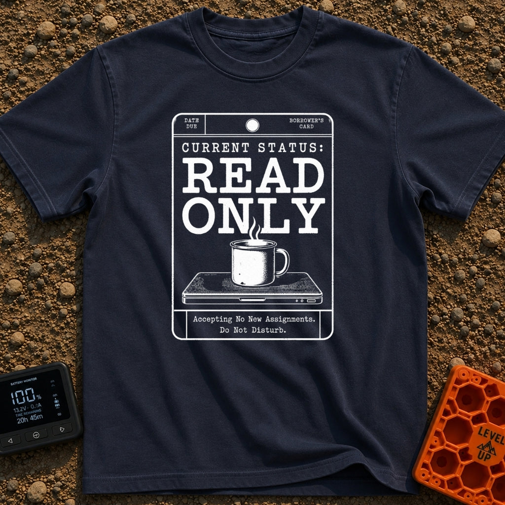 Read Only Mode - T-Shirt in Navy - A white line-art graphic formatted like a vintage library card with the bold text...