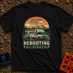 Ctrl Alt Retreat - T-Shirt in Black - An illustration of an RV parked by a mountain lake with solar panels and a...