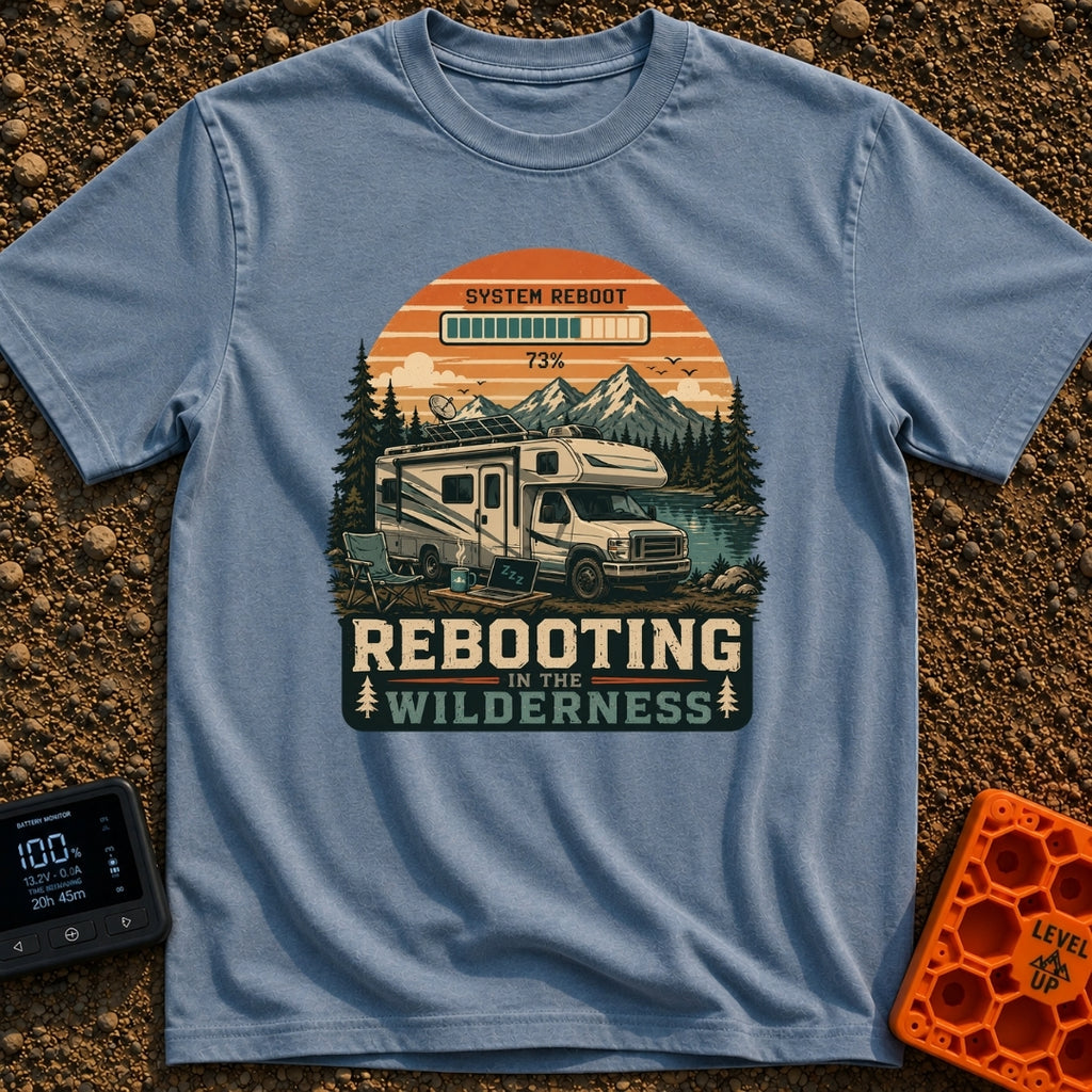 Ctrl Alt Retreat - T-Shirt in Blue Jean - An illustration of an RV parked by a mountain lake with solar panels and a...