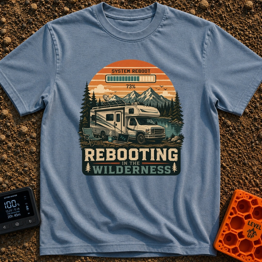 Ctrl Alt Retreat - T-Shirt in Blue Jean - An illustration of an RV parked by a mountain lake with solar panels and a...